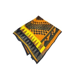 Vintage Acryl Velour Blanket Throw 57x70 Geometric Orange Brown Yellow READ